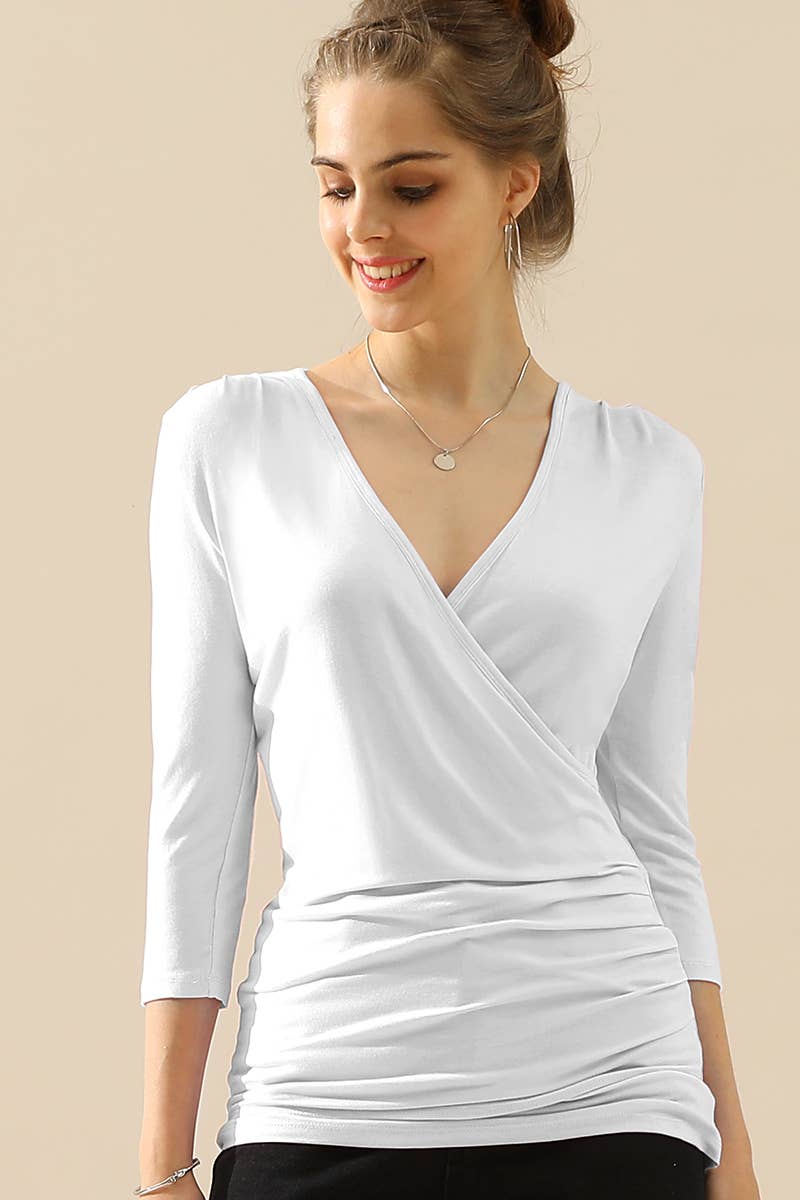 CWTTL1403_3/4 Sleeve Tank Tops Deep V-Neck Surplice Wrap