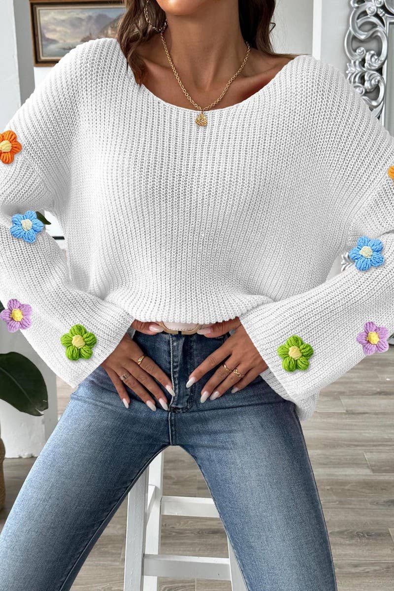 CWTTK00288_WOMEN OFF SHOULDER CROCHET FLOWER KNIT SWEATER