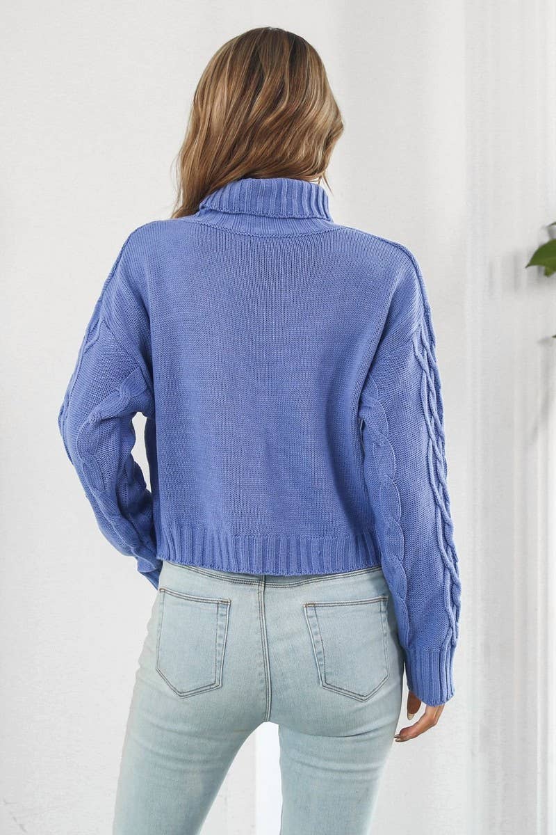 CWOSWL3875_HIGH COLLAR LONGSLEEVE TWISTED ROPE SHORT SWEATER