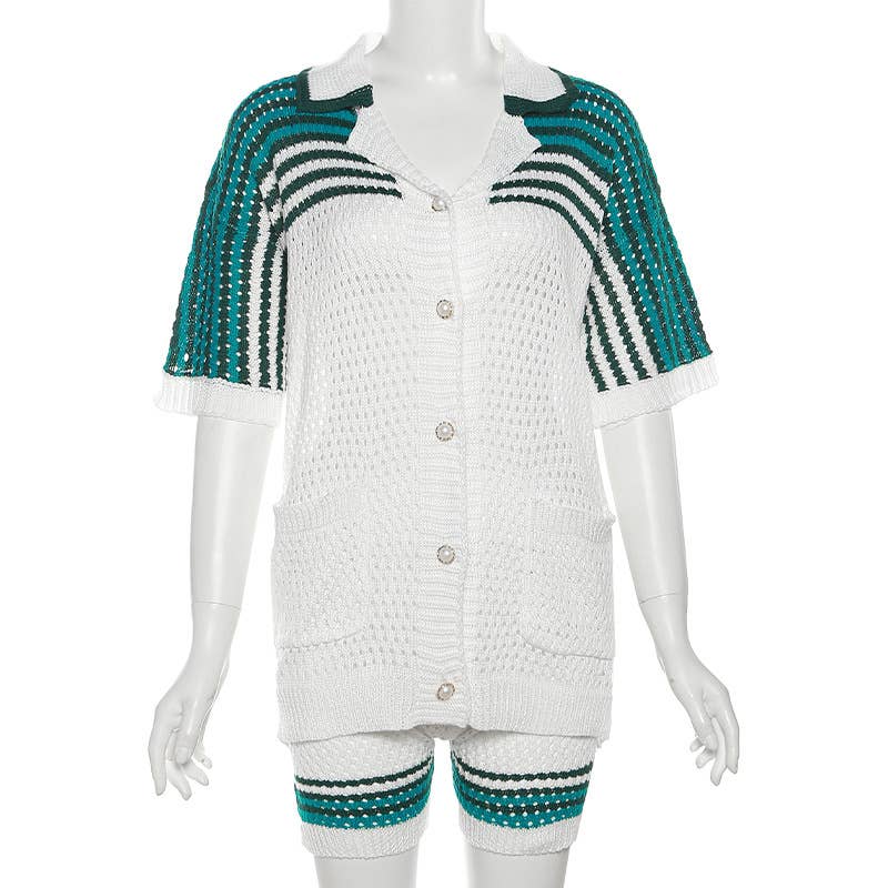 CUT-OUT LAPEL TOP HIGH-WAISTED SHORTS KNIT SUIT