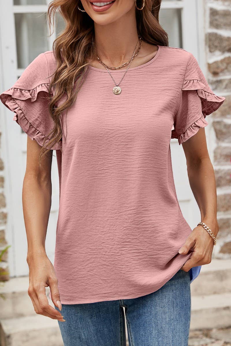 CWTBLS0352_Round neck Short Ruffle Sleeve Blouse