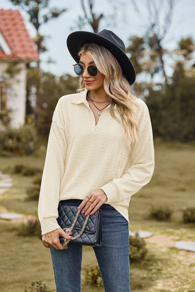 CWTBLL2376_SOLID COLOR LAPEL BUTTON LOOSE CASUAL TOP