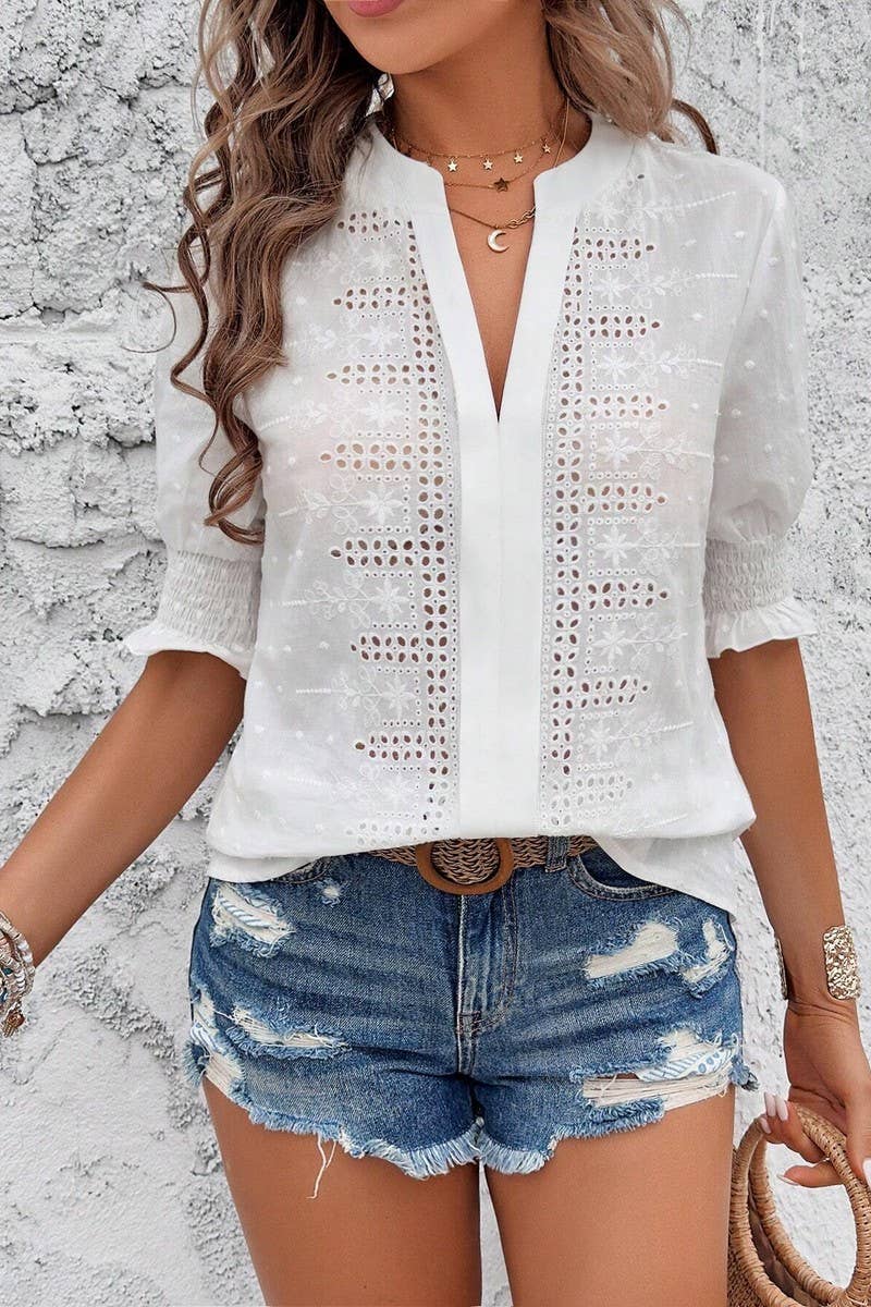 CWTTS1388_V-NECK PUFF SLEEVES HOLLOW POMPOM LACE T-SHIRT