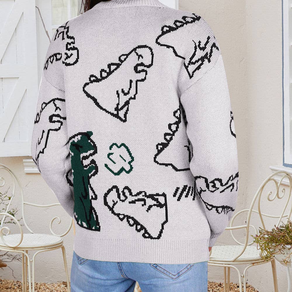 CREW-NECK LOOSE CARTOON DINOSAUR SWEATER