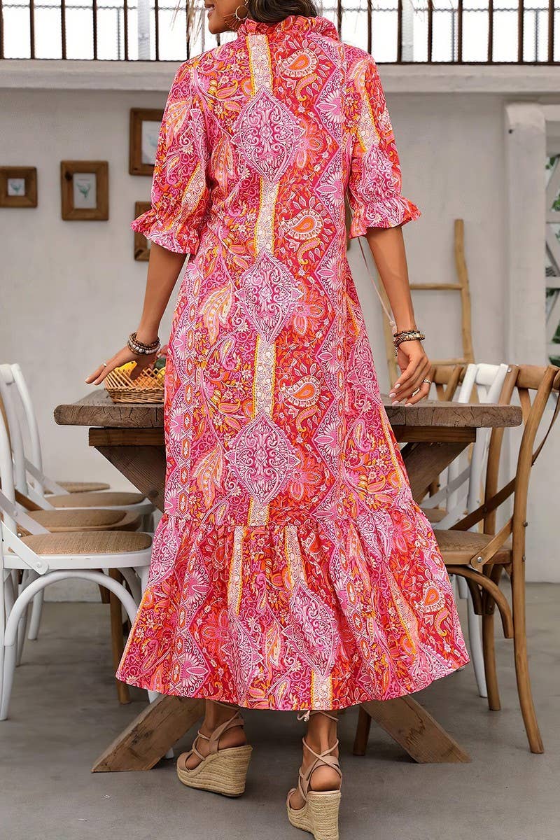 CWDMD4101_PRINTED ELBOW SLEEVE TIE-TIE RUFFLE DRESS