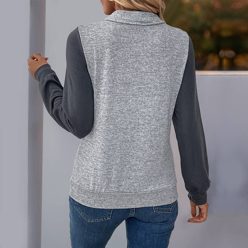 COLOR CONTRAST PATCHWORK LAPEL ZIPPER CASUAL TOP