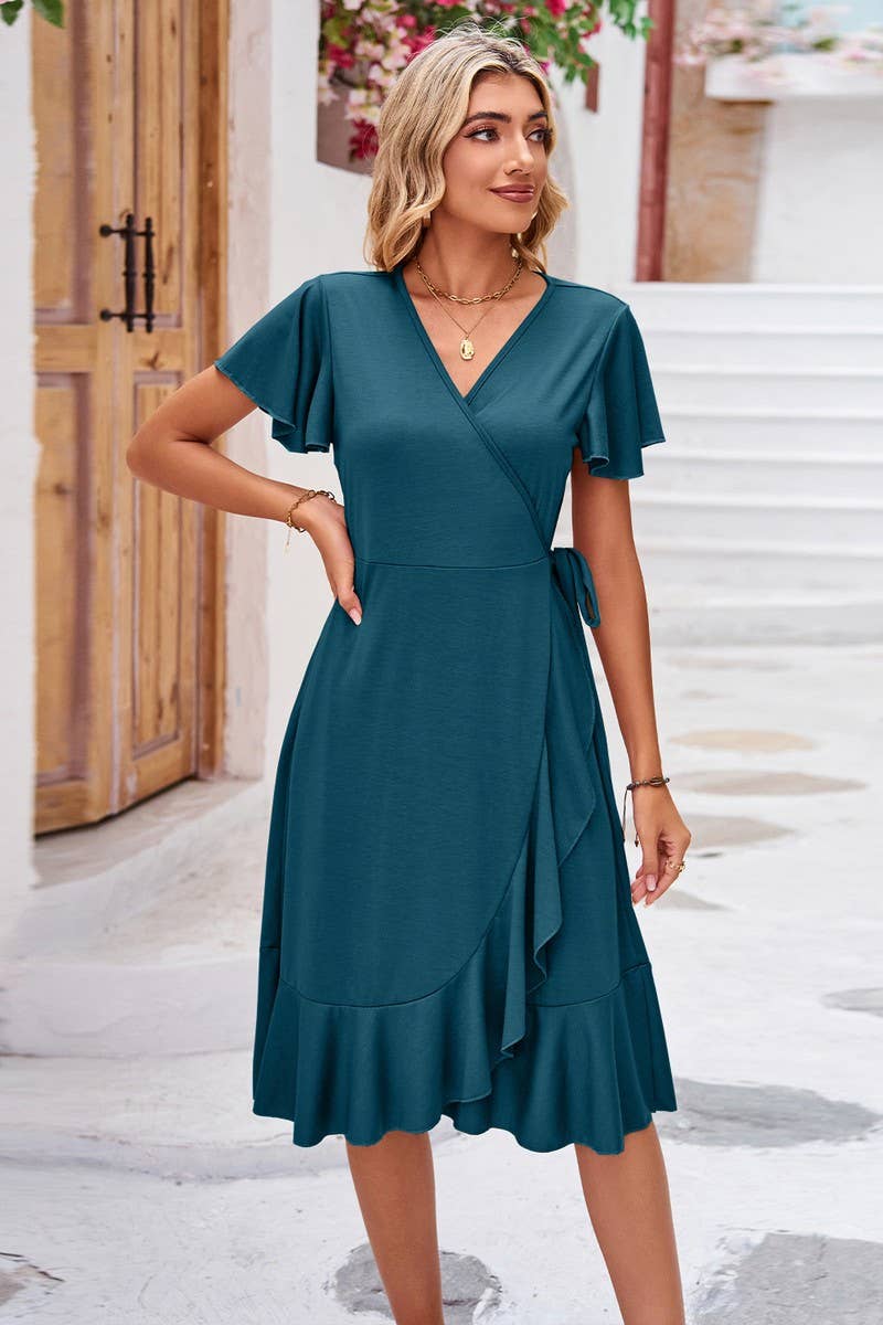 CWDSD2546_Deep V-Neck Wrap Short Sleeve Dresses