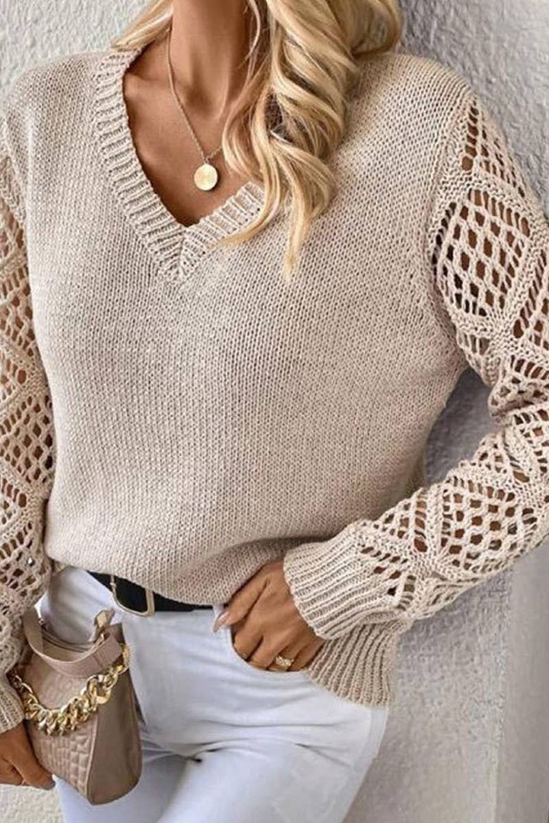 CWOSWL5807_HOLLOW LONG SLEEVE V-NECK PULLOVER KNIT TOP