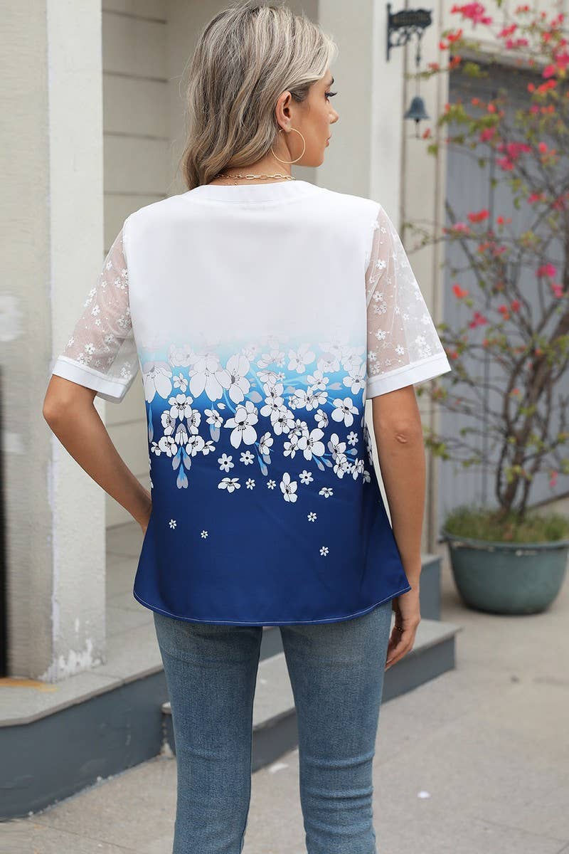 CWTBLS1706_V-NECK PRINTED CHIFFON SHORT-SLEEVED TOP