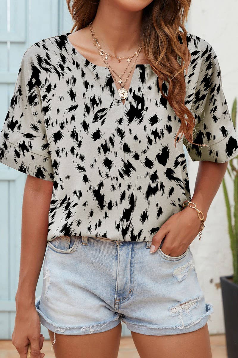 CWTBLS0346_V-Neck Short Sleeve Print Top