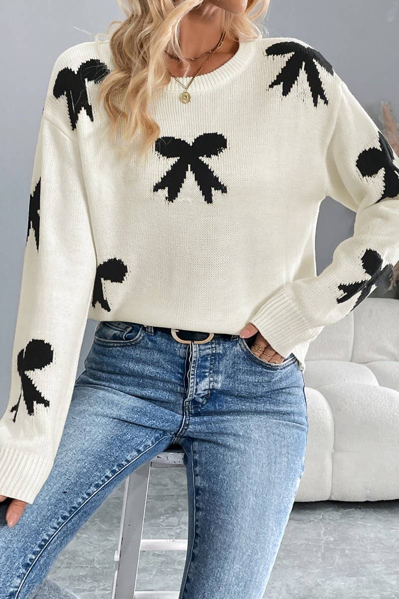 CWOSWL5876_CREW NECK BOW JACQUARD KNIT SWEATER