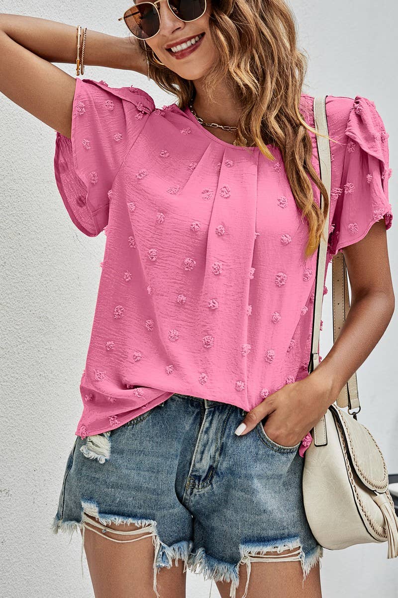 CWTBLS0342_Round neck Short Puff Sleeve Blouse