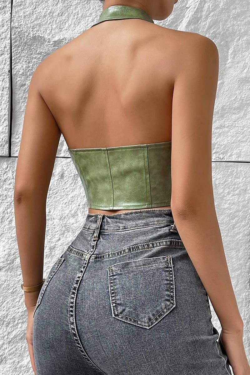CWTHT0162_LOW-CUT HALTER NECK LACE-UP PU LEATHER VEST