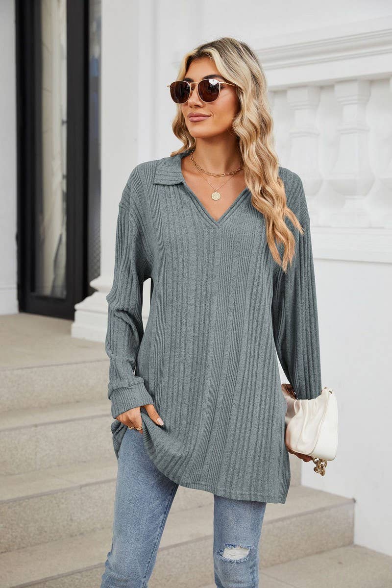 CWTBLL3668_FLIP COLLAR SLIT LONG SLEEVED LOOSE T-SHIRT TOP