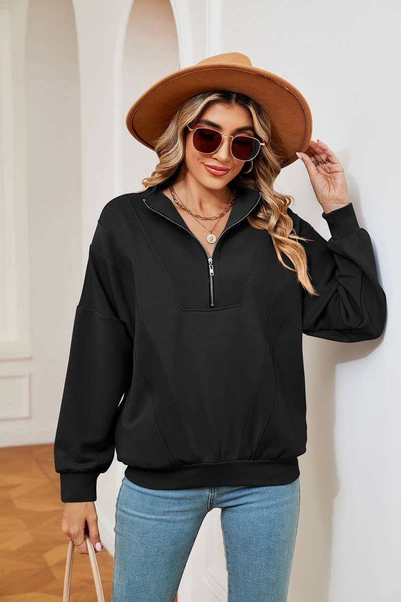 CWTBLL2399_ZIPPERED STAND COLLAR POCKET CASUAL SWEATSHIRT