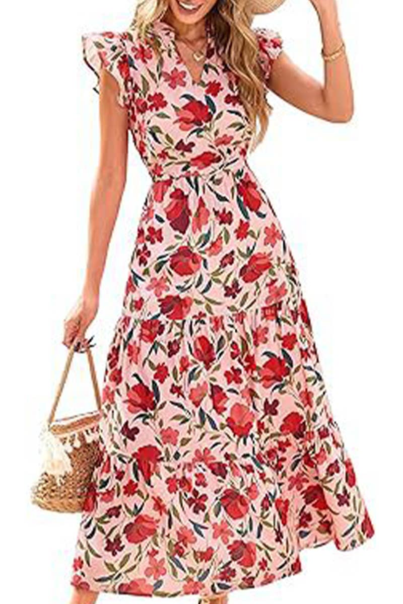 CWDMD6342_V-NECK PLEATED FLYING SLEEVES PRINTED MIDI DRESS