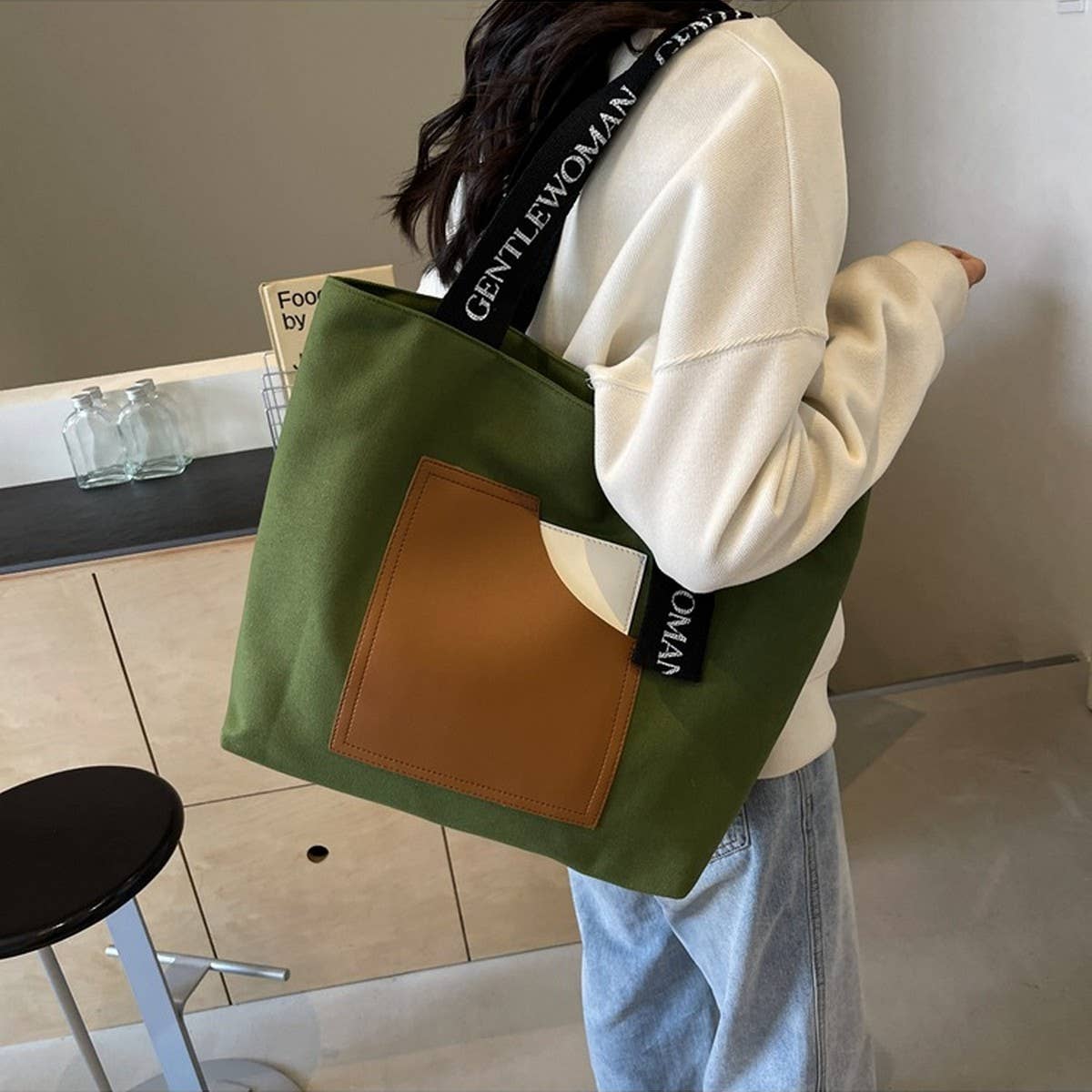 PRINTED PATCHWORK CONTRAST COLOR CANVAS BAG_CWAB2692