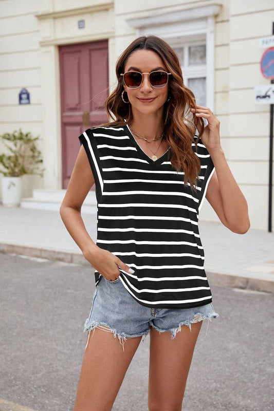 CWTBLS0863_V-NECK FLYING SLEEVE STRIPED CASUAL T-SHIRT VEST