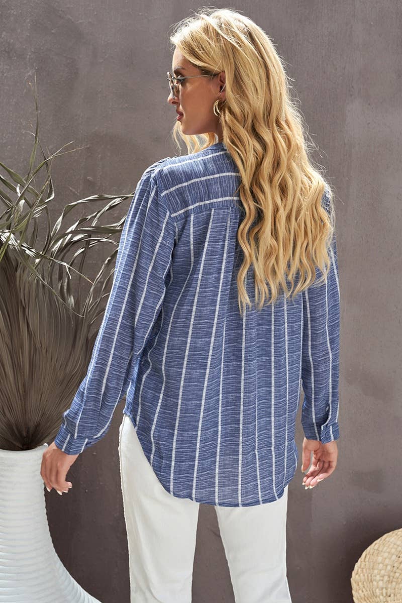 CWTBLL2996_STRIPED LONG-SLEEVED HALF-CARDIGAN SHIRT TOP