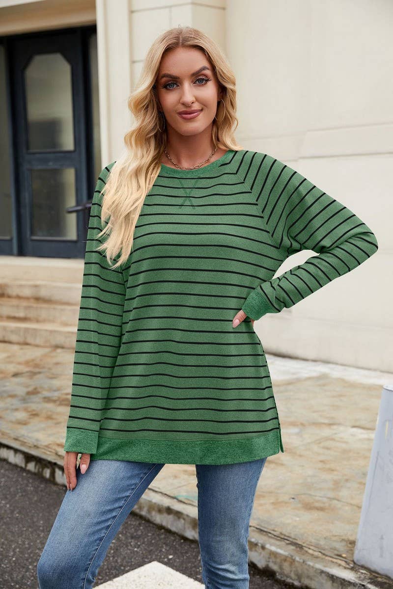 CWTBLL3663_STRIPED PATCHWORK ROUND NECK LONG SLEEVED T-SHIRT