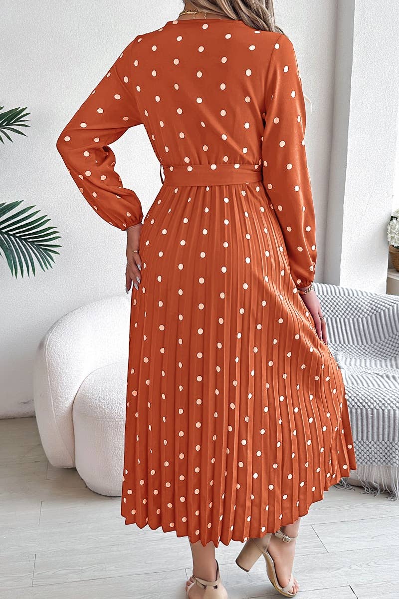 CWDMD3444_POLKA DOT CROSS V-NECK PLEATED DRESS LONG