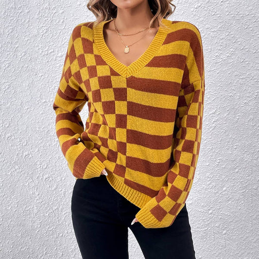 DESIGN SENSE V-NECK SIMPLE STRIPED CHECK SWEATER