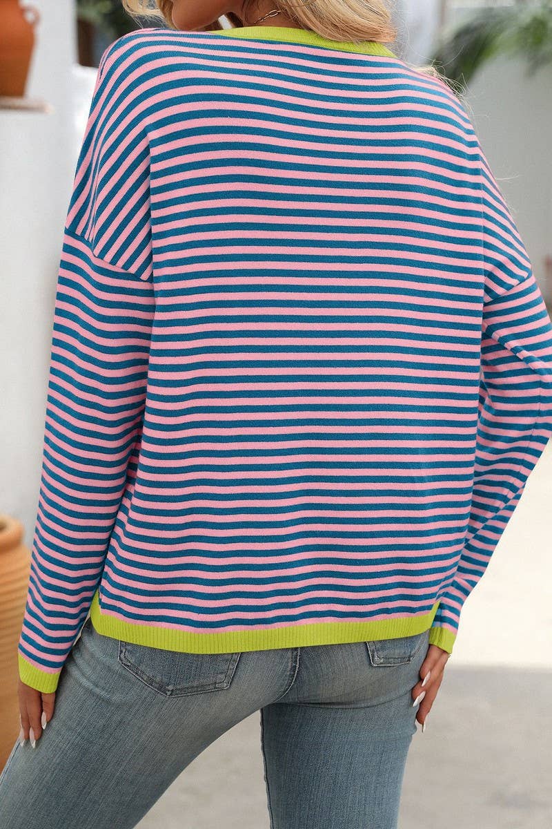 CWOSWL4272_ROUND NECK STRIPED CONTRAST COLOR CASUAL SWEATER