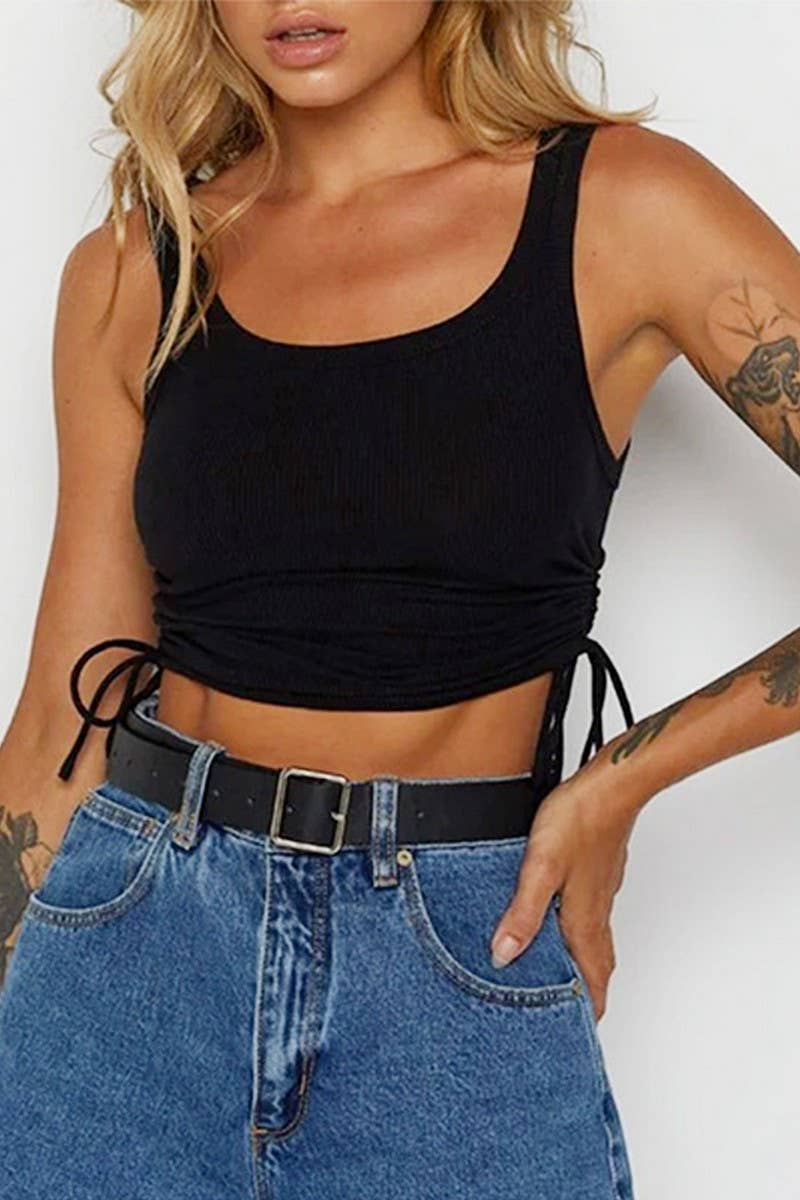 CWTTK0501_GATHERED RIBBED DRAWSTRING CROPPED TANK TOP