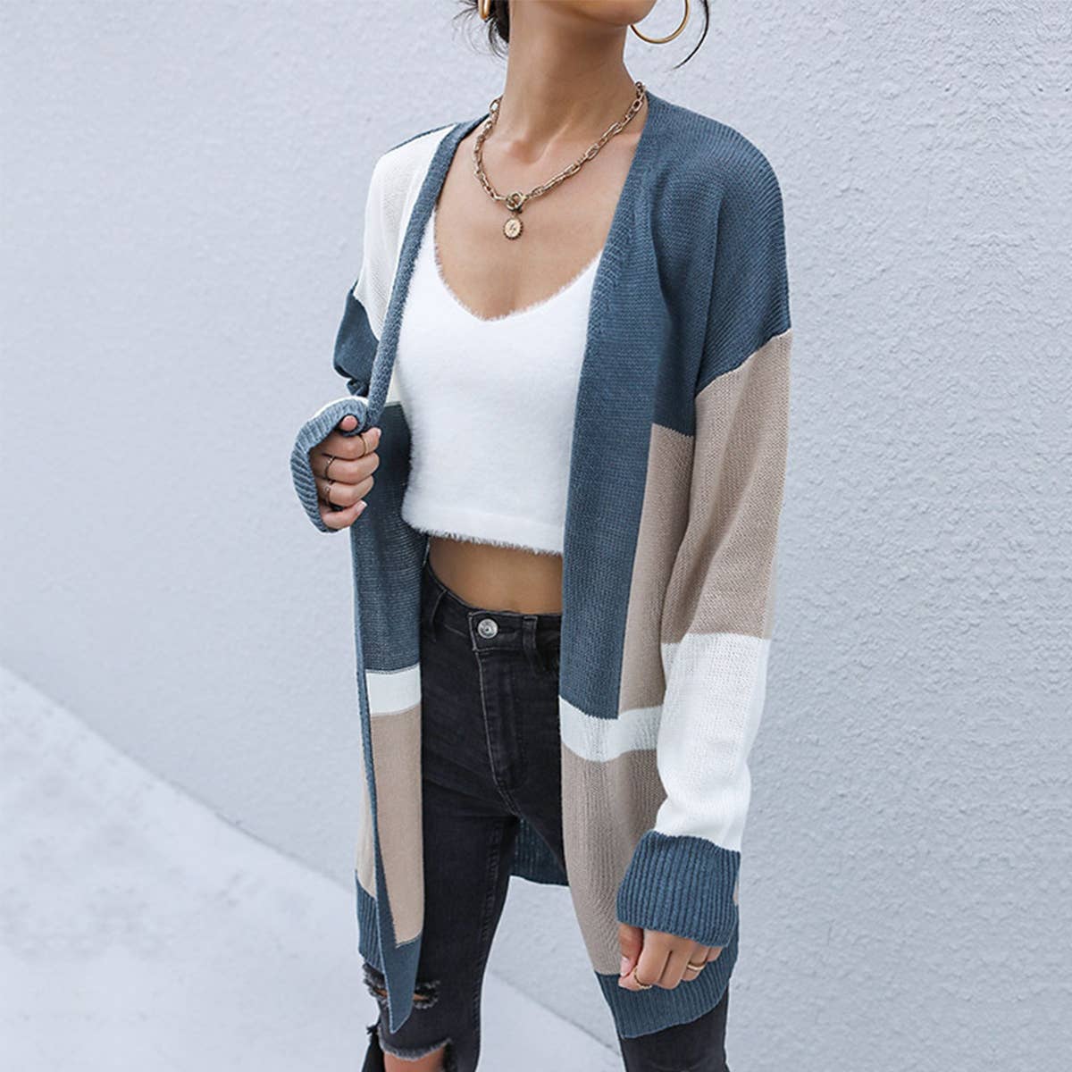 COLOR CONTRAST SWEATER CASUAL UNBUTTONED CARDIGAN_CWOCAL1920