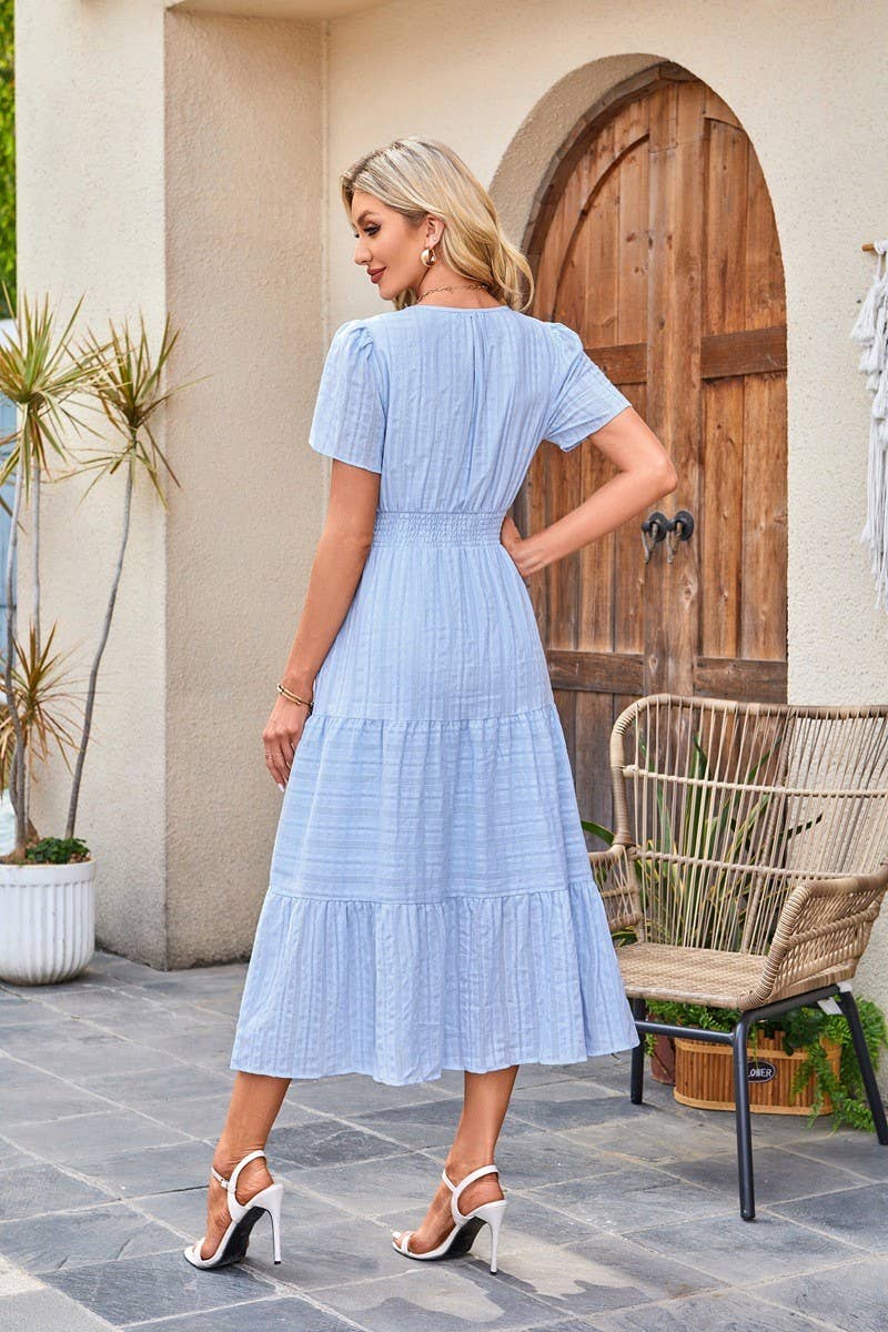 CWDMD6338_V-NECK PLEATED PUFF SLEEVES LONG-SLEEVED DRESS