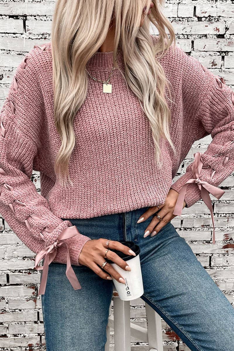 CWOSWL2908_SOLID COLOR BOW PULLOVER KNITTED SWEATER