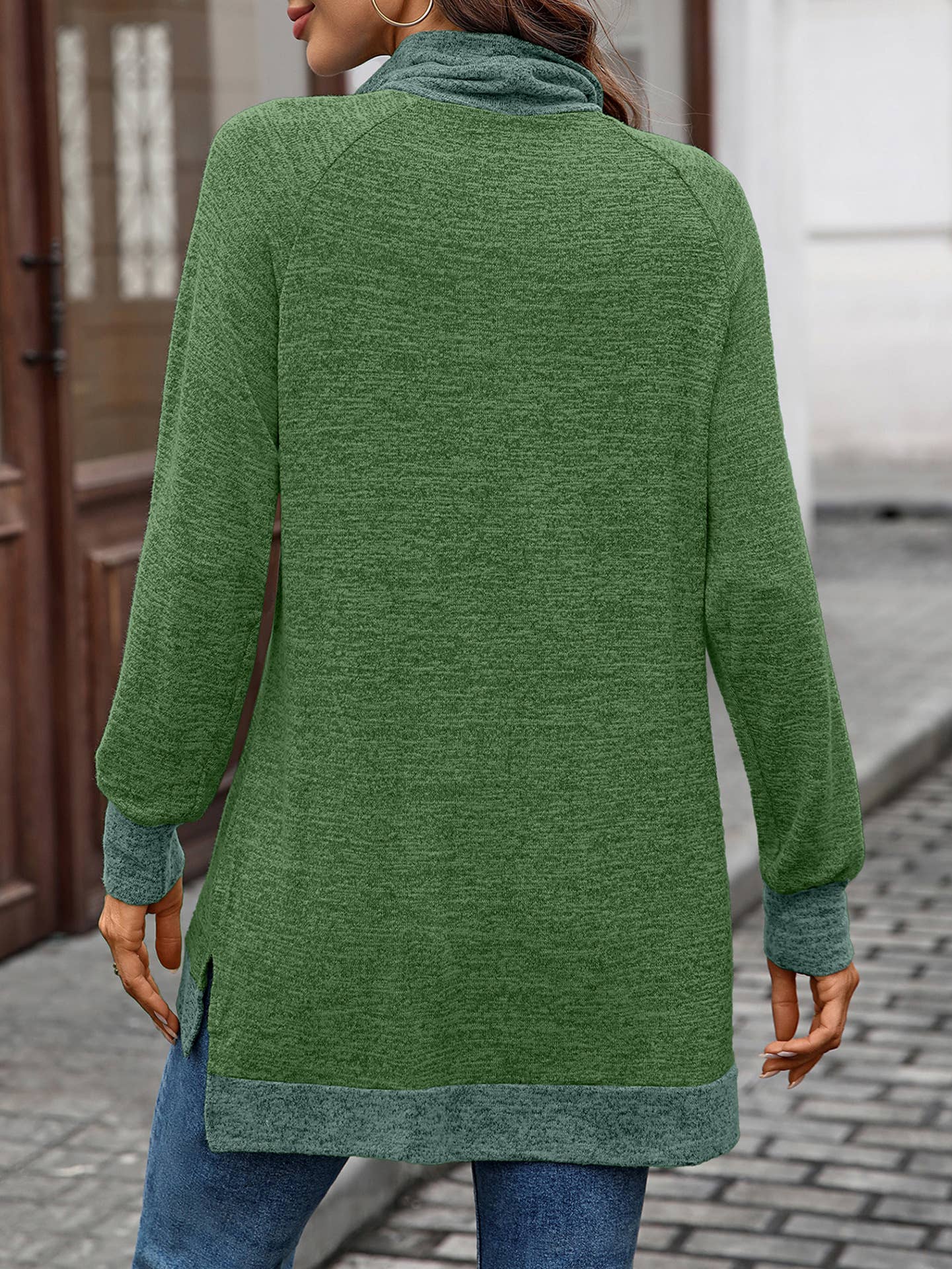 Color-blocking high-neck loose long-sleeved Top