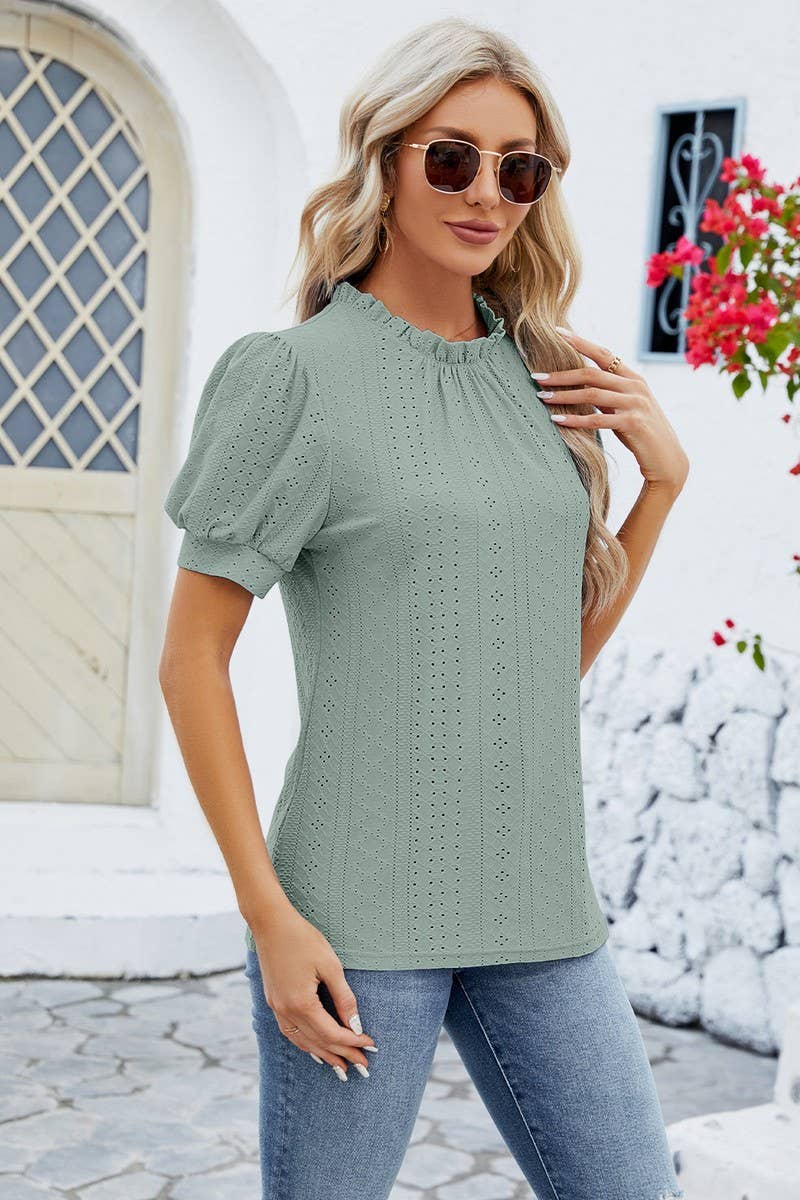 CWTSTS0364_PUFFY SLEEVE LOOSE HOLLOW-OUT PLEATED T SHIRT