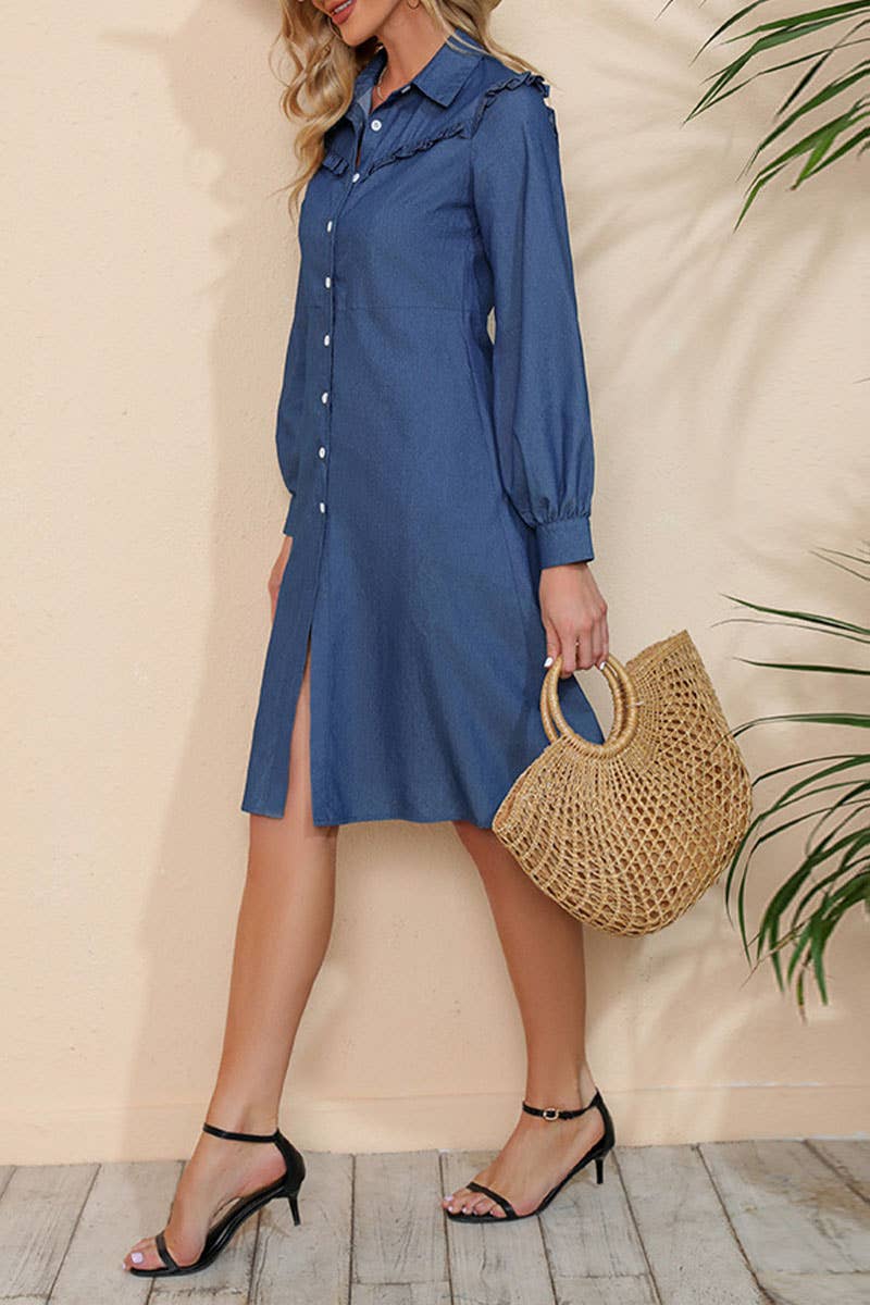Denim long-sleeved dress with lapel wooden ears
