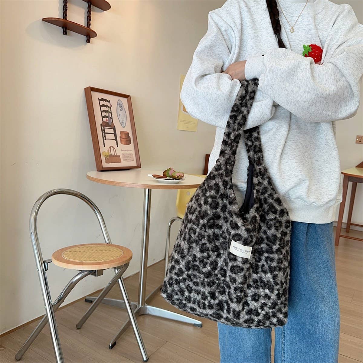 CWAB3900_PLUSH LARGE CAPACITY LEOPARD PRINT SHOULDER BAG