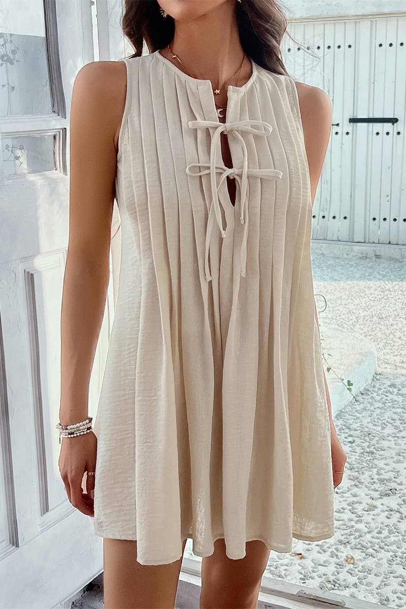 CWDSD7079_LOOSE TIE PLEATED SLEEVELESS SHORT DRESS