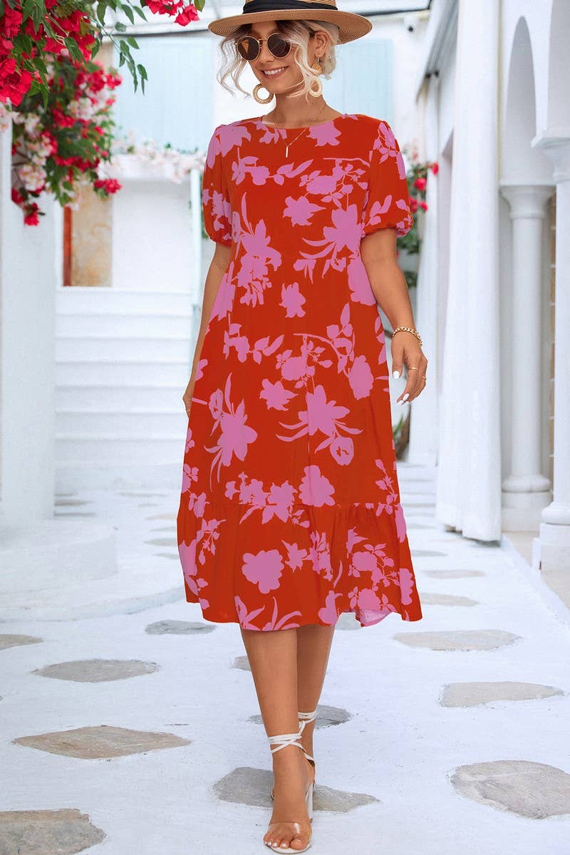 CWDMD2803_CASUAL PUFF SLEEVE PRINTED DRESS