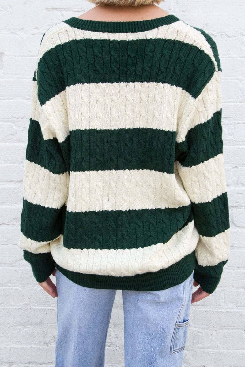 CWOSWL5744_V-NECK STRIPED CONTRAST CHUNKY KNIT SWEATER