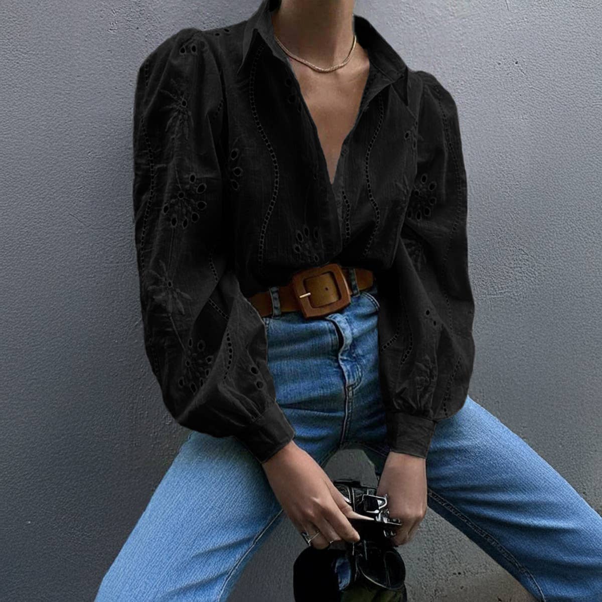 CASUAL FASHION HOLLOW BUBBLE SLEEVE CARDIGAN