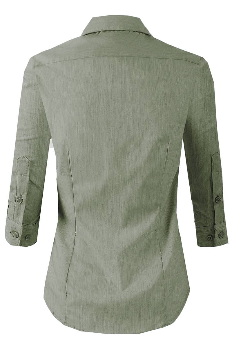 CWTSTS116_Basic Slim Fit Simple 3/4 Sleeve Button Down Shirt