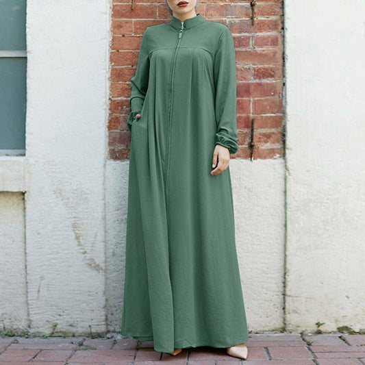 ARABIC STYLE STAND-UP COLLAR ZIPPER RELAXED DRESS