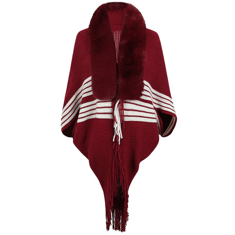 FRINGE CAPE SHAWL KNIT STRIPED FUR COLLAR SCARF