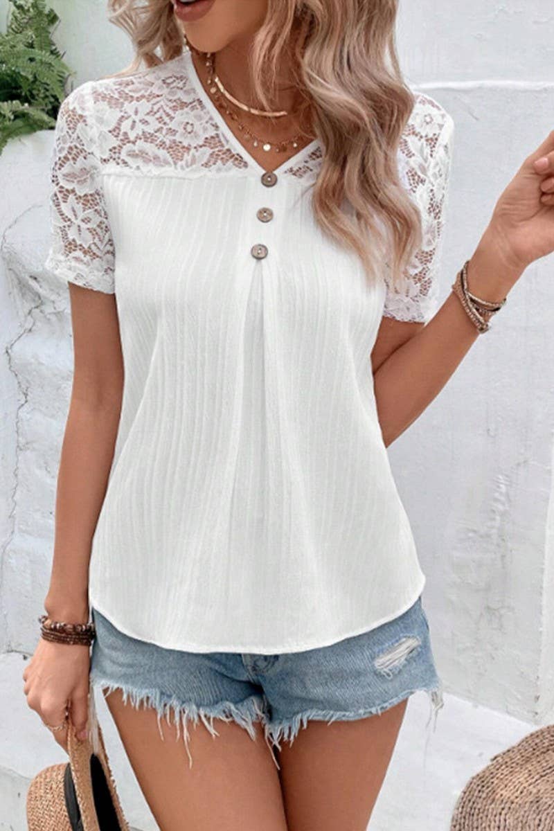 CWTBLS2181_SOLID V-NECK LACE TRIM SHORT SLEEVE BLOUSE