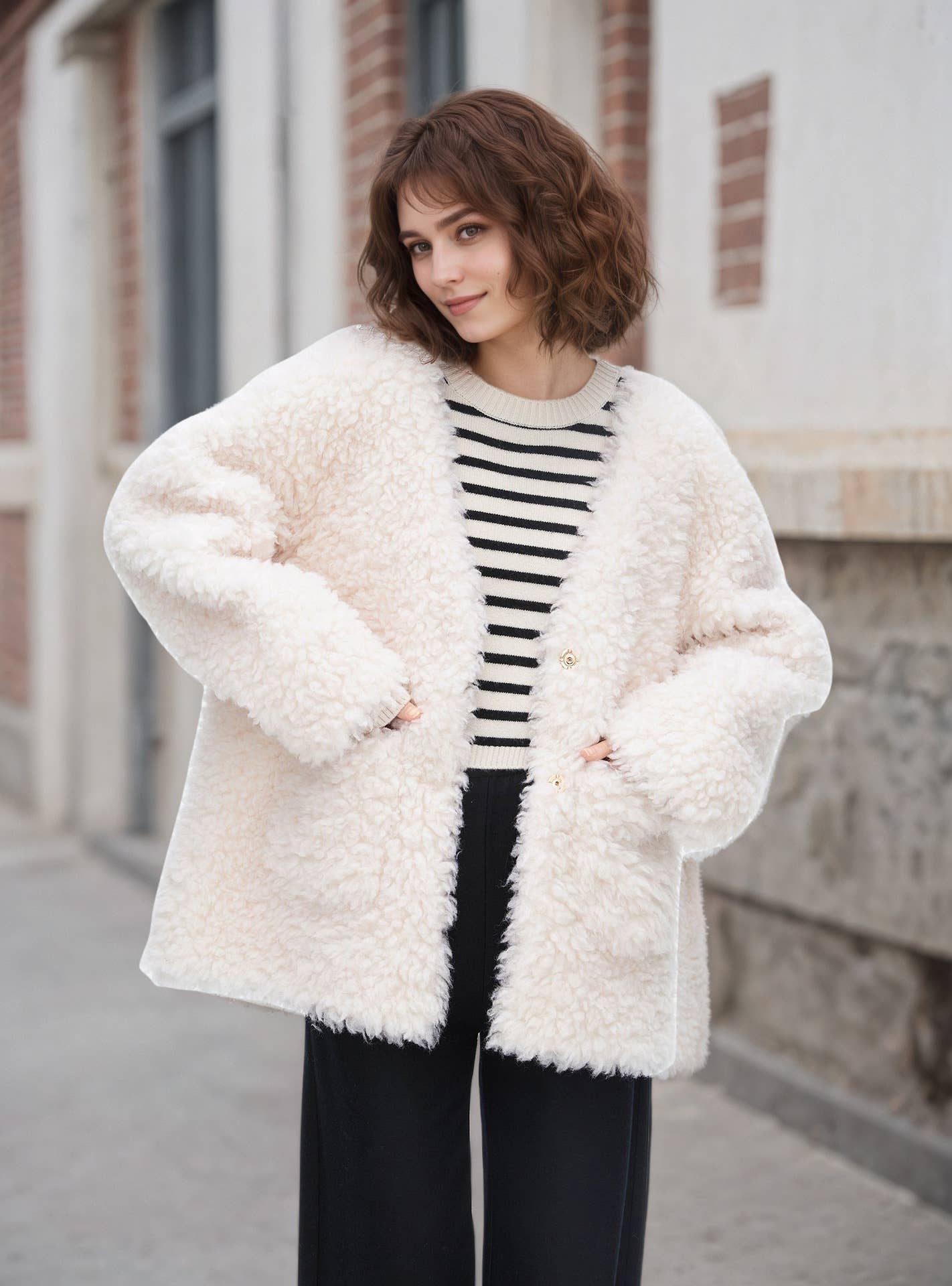 Fashionable lamb wool and velvet plump coat