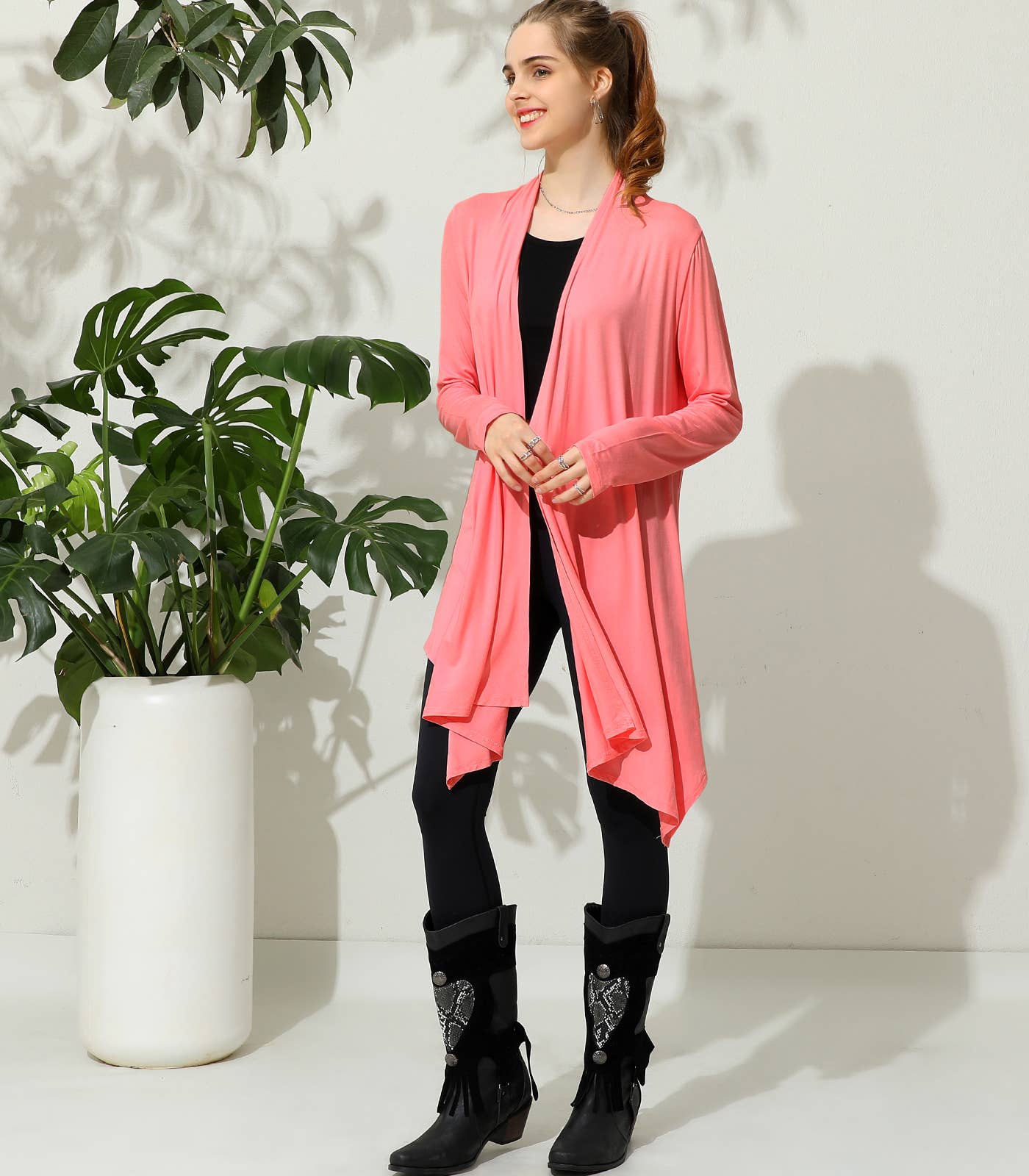 AWTL073_Long Sleeve Casual Open Front Long Cardigan