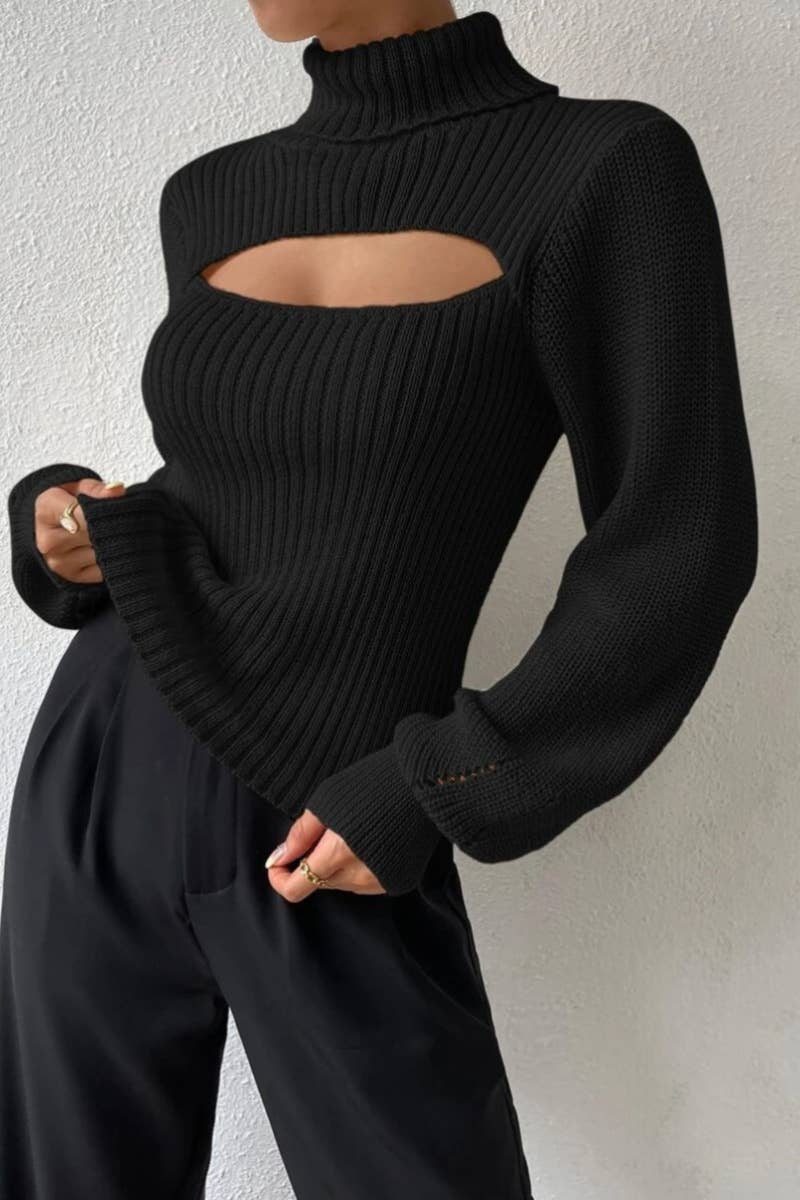 CWOSWL6626_SEXY CUTOUT LONG-SLEEVED TURTLENECK SWEATER