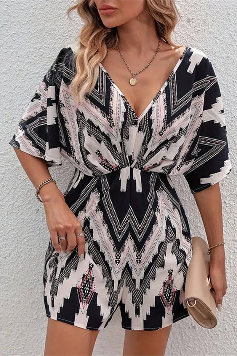 CWSJS1516_V-NECK ONE-PIECE SLEEVE LOOSE BOW JUMPSUIT