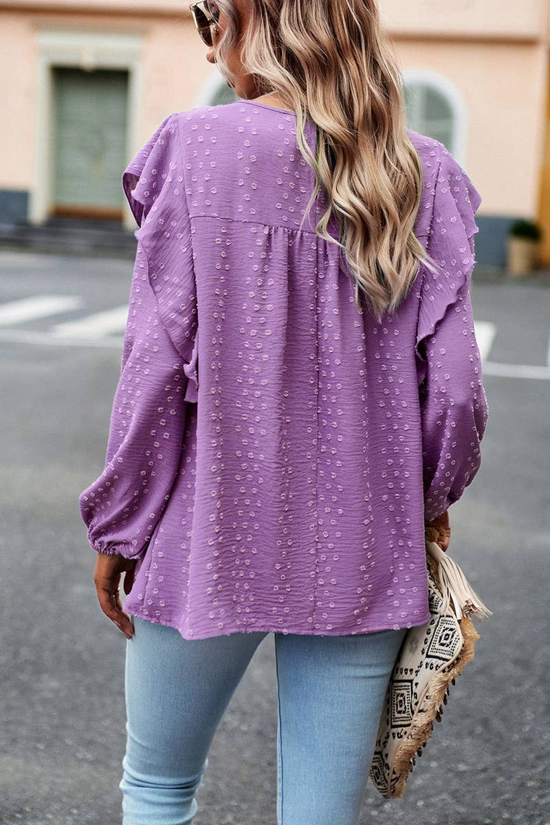 CWTBLL0390_Round neck Long Sleeve Ruffle Detailed Blouse