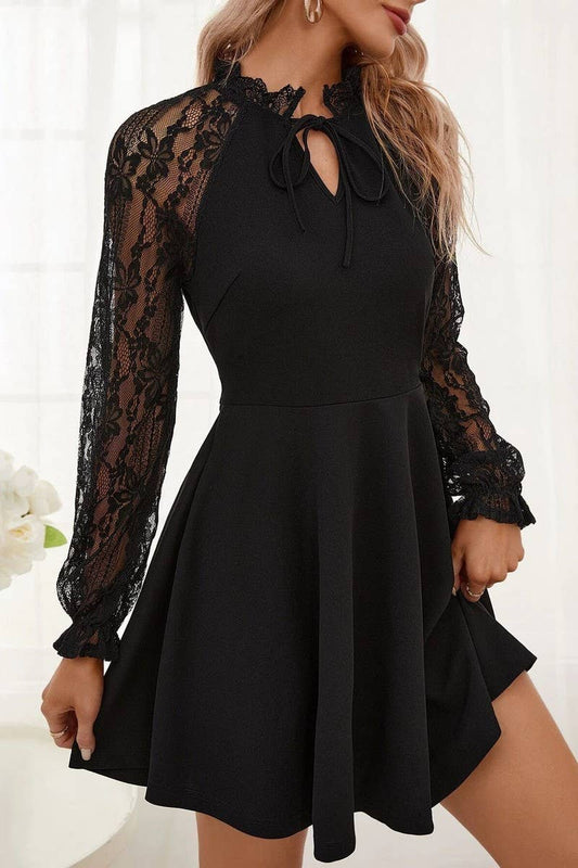 CWTBLS1526_BLACK LACE PATCHWORK LONG SLEEVE DRESS
