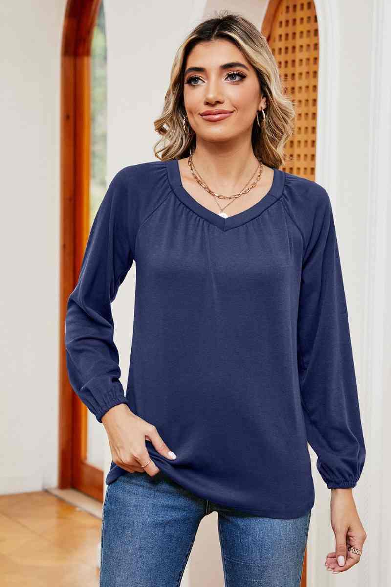 CWTBLL2840_CASUAL SOLID COLOR PLEATED LONG SLEEVE TOP